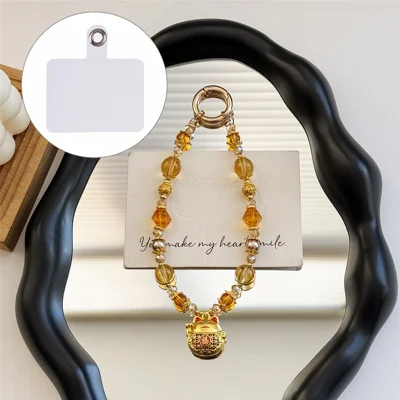 A1162 30cm Phone Charm Wrist Strap Lucky Cat Beaded Keychain Crystal Glass Metal Beads Lanyard with Removable Blank White Card - Gold