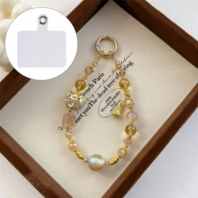 A1166 30cm Crystal Beaded Phone Strap Fortune Metal Pendant Lucky Cat Charm Keychain Phone Lanyard with Removable Blank White Card - Gold