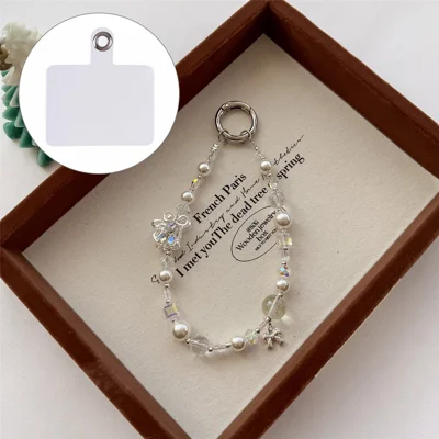 A1167 30cm Phone Charm Strap Zircon Bell Pearl Crystal Beaded Keychain Wrist Phone Lanyard with Removable Blank White Card - White