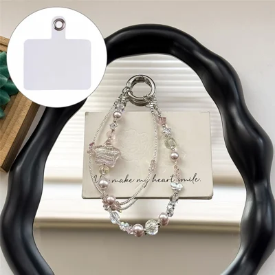 A1168 30cm Phone Strap Star-Shaped Chain Charm Crystal Pearl Alloy Phone Lanyard with Removable Blank White Card Keychain Accessories - Pink