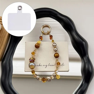 A1171 30cm Phone Strap Crystal Beaded Chain Charm Spring Hook Mobile Phone Lanyard with Removable Blank White Card - Brown