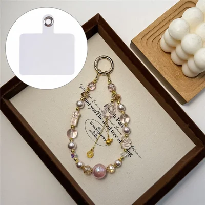 A1177 30cm Phone Strap Crystal Pearl Beaded Lanyard Decorative Metal Hook Phone Charm Chain with Removable Blank White Card - Pink