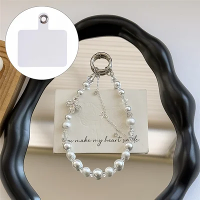 A1182 30cm Phone Lanyard Four Leaf Clover Pearl Beaded Crystal Butterfly Phone Strap Keychain Charm with Removable Blank White Card - White