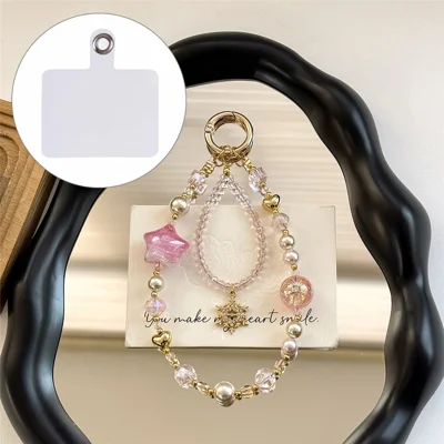 A1184 30cm Phone Strap Snowflake Star Charm Chain Crystal Metal Spring Hook Beaded Phone Lanyard with Removable Blank White Card - Pink