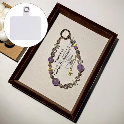 A1193 30cm Phone Lanyard Golden Foil Beaded Charm Handmade Crystal Keychain Hanging Strap with Removable Blank White Card - Purple