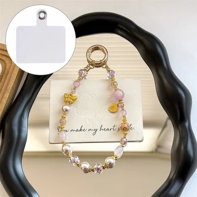 A1194 30cm Phone Strap Crystal Butterfly Charm Beaded Chain Wrist Lanyard with Removable Blank White Card Phone Accessory - Pink