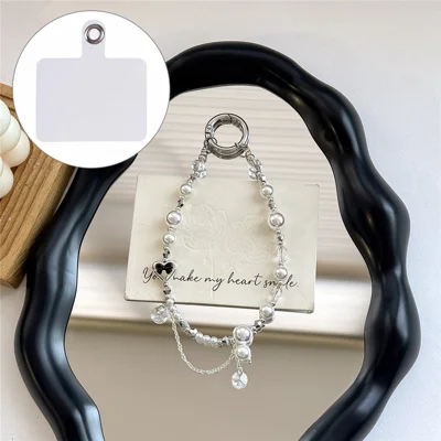 A1197 30cm Pearl & Crystal Charm Strap Heart Pendant Phone Lanyard with Removable Blank White Card for Keychain Mobile Accessories - White