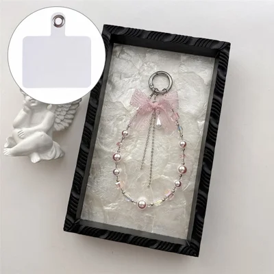 A1199 30cm Pearl Lace Bow Phone Charm Strap Crystal Beaded Mobile Lanyard Keychain Accessories with Removable Blank White Card - Pink