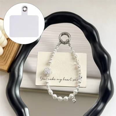 A1200 30cm Zircon Pearl Flower Phone Lanyard Strap Crystal Beads Phone Charm with Removable Blank White Card Decorative Chain Accessory - White