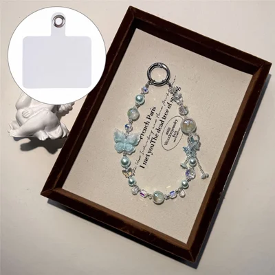 A1203 30cm Phone Strap Butterfly Charm Chain Double Color Crystal Beaded Mobile Lanyard with Removable Blank White Card - Blue