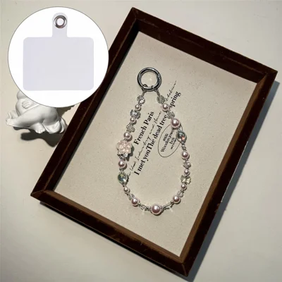 A1204 30cm Pearl Crystal Phone Lanyard Camellia Flower Charm Mobile Phone Strap with Removable Blank White Card - Pink