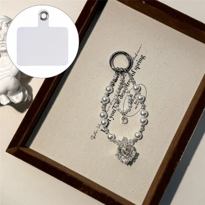 A1205-K9 30cm Phone Strap Pearl Crown Pendant Keychain Crystal Rhinestone Mobile Phone Lanyard Charm with Removable Blank White Card - White