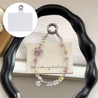 A1206 30cm Phone Lanyard Colorful Flower Crystal Beaded Phone Charm Wrist Strap with Removable Blank White Card - Pink