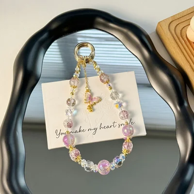15cm Butterfly Phone Chain Alloy Gold Foil Beaded Phone Strap Wrist Lanyard Keychain Phone Accessories with Tether Tab - Purple