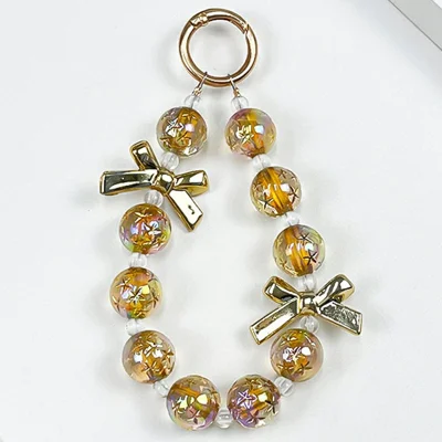 12cm Starry Bow Crystal Phone Chain Keychain Charm Iridescent Beads Wrist Strap with Tether Tab - Gold