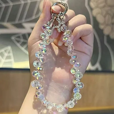 17cm Crystal Beaded Phone Lanyard Wrist Strap Keychain Charm Short Chain with Dog Pendant / Tether Tab - White