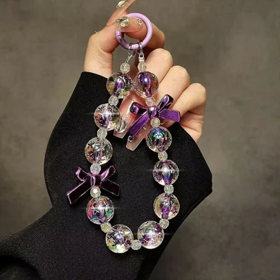 17cm Purple Bow Beaded Phone Strap Wrist Lanyard Chain Charm Accessory with Ring Holder / Tether Tab
