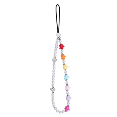 17cm Colorful Star Pearl Phone Chain Anti-Lost Lanyard Wrist Strap with Heart Charm Phone Accessories