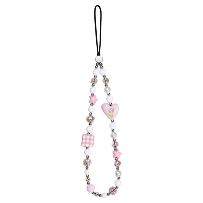 17cm Phone Charm Strap Pink Acrylic Pearl Phone Chain Anti-Loss Mobile Phone Lanyard Hanging Rope