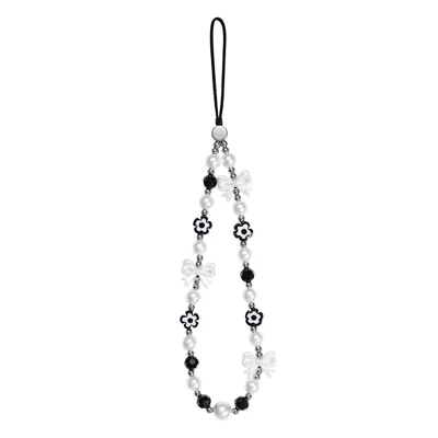 17cm Black White Phone Chain Pearl Bow Flower Charm Anti-Lost Wrist Strap Lanyard