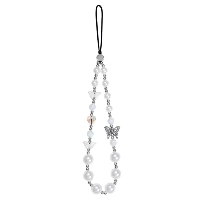 17cm Pearl Butterfly Beaded Phone Lanyard Wrist Strap Anti-Lost Phone Bracelet Keychain Charm
