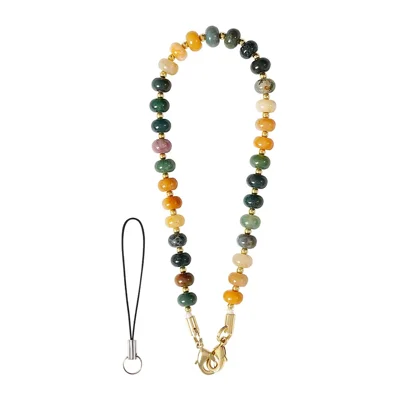 30.5cm Natural Stone Phone Charm Beaded Phone Wrist Strap Handmade Cellphone Chain with Ring Strap - P68359 Blackish Green
