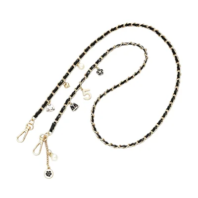 120cm Leren + Metalen Telefoonketting Crossbody Tassenriem Mini Portemonnee Handtas Clutch Vervangende Lanyard met Parelhangers - Zwart