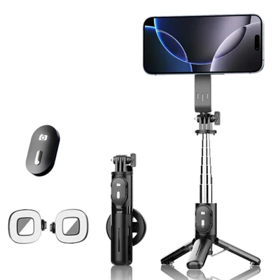 P08Y Pro F2 Portable Travel Selfie Stick Tripod Mini Phone Stand with Remote Control + 2 Fill Lights - Black