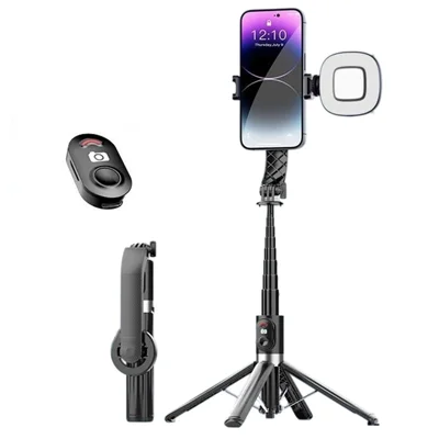 P07MAX Magnetic Phone Selfie Stick Bluetooth-Compatible Remote Control Extendable Four-Legged Bracket with 1 Fill Light - Black