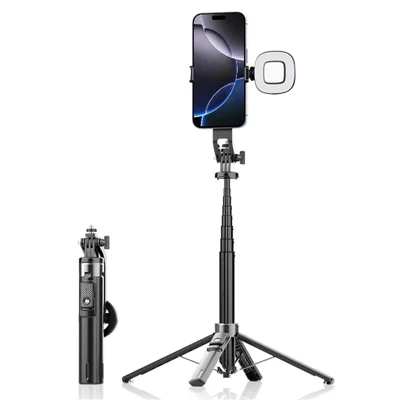 P135 Handheld Phone Selfie Stick Anti-Shake Magnetic Extendable Four-Legged Bracket with 1 Fill Light - Black