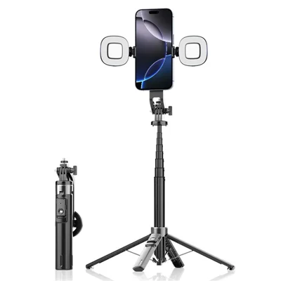 P135 Handheld Phone Selfie Stick Anti-Shake Magnetic Extendable Four-Legged Bracket with 2 Fill Lights - Black