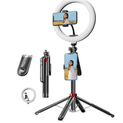 P195 Bluetooth-Compatible Selfie Stick Extendable Phone Stand Four-Leg Bracket with 10 Inch Ring Light