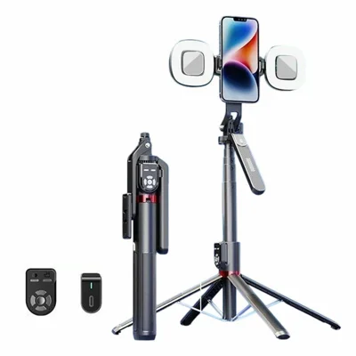 P325 Bluetooth-Compatible Selfie Stick Dual Remote Control Phone Anti-Shake Gimbal Handle Stand with 2 Square Fill Lights