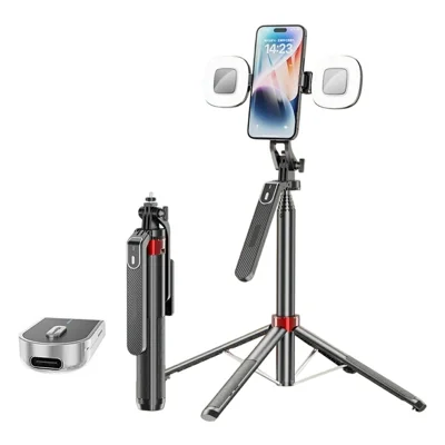 P185mini Portable Bluetooth-Compatible Selfie Stick Extendable Smartphone Four-leg Stand with 2 Square Fill Lights