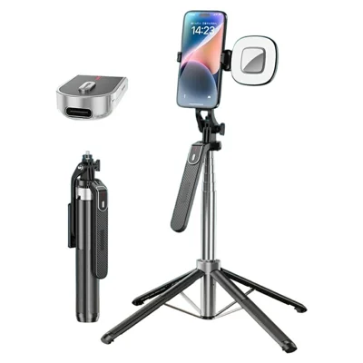 P180mini Portable Phone Selfie Stick Bluetooth-Compatible Remote Control Extendable Stand with 1 Square Fill Light