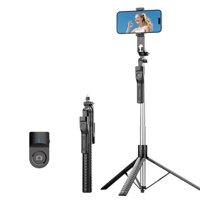 K50 Single Phone Clip Bluetooth-Compatible Selfie Stick Tripod 1.9m Extendable Live Streaming Floor Stand - Black