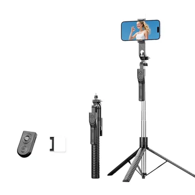 K50 Single Phone Clip TikTok Bluetooth-Compatible Selfie Stick 1.9m Extendable Tripod with 1 Fill Light - Black
