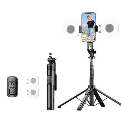 K27 Bluetooth-Compatible Selfie Stick Phone Extendable Live Streaming 4-Leg Stand with 2 Square Fill Lights - Black