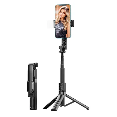K26 Bluetooth-Compatible Phone Selfie Stick Portable Travel Extendable Live Streaming Tripod with 1 Fill Light - Black