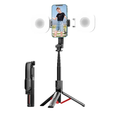 K26 Bluetooth-Compatible Phone Selfie Stick Portable Travel Extendable Tripod with 2 Square Fill Lights - Red