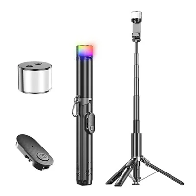 P24-D Portable Phone Tripod Stand with Fill Light for Live Streaming Anti Shake Extendable Selfie Stick - Black