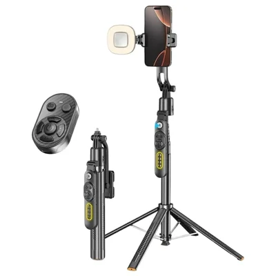 Q625 1.83m Bluetooth-Compatible Quadripod Selfie Stick AI Tracking with H-Shape Fill Light Anti-Shake - Black