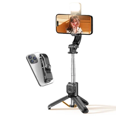 CYKE Q21S pour smartphone, perche selfie Bluetooth compatible avec mini trépied et lumière de remplissage pour diffusion en direct et vlogging - Noir