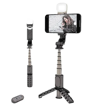 CYKE Q11S 2 in 1 7-section Extendable Stainless Steel Tripod Foldable Selfie Stick with 3-color LED Fill Light