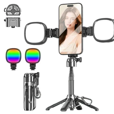 P15-Y Mini Selfie Stick with Dual K Pocket Lights / Remote Control, Portable Extendable Phone Tripod Stand - Black