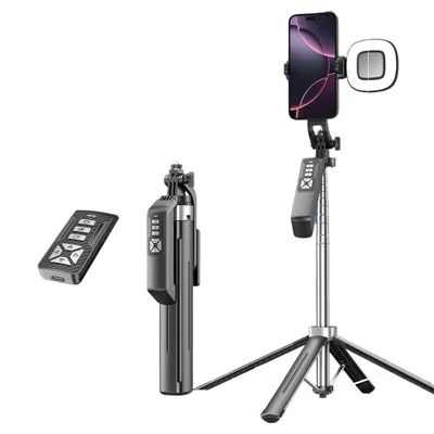 P18TK Selfie-Stick mit einzelner quadratischer Ausleuchtleuchte, Handheld-Stabilisator, ausklappbarer Stativständer für Live-Streaming – Schwarz