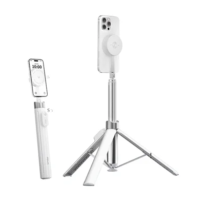 CYKE AB230 1,7 m Selfie Stick Réglable avec Support Téléphone Magnétique à Déploiement Automatique Trépied pour Streaming en Direct - Blanc