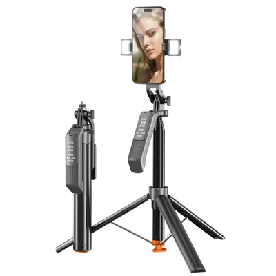 T02TK 360 Degrees Rotation Selfie Stick Tripod with 2Pcs Detachable Beauty Lights Bluetooth-compatible Remote Control Phone Tripod Stand - Black