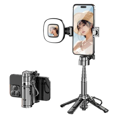 P25Y Mini Portable Selfie Stick with Single Square Fill Light Bluetooth-compatible Remote Tripod Stand Telescopic Phone Holder for Photography - Black