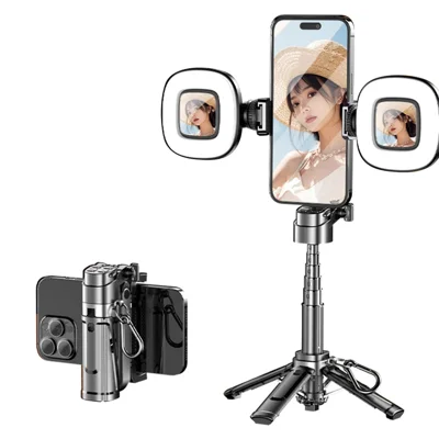P25Y Mini Portable Selfie Stick with 2Pcs Square Fill Lights Bluetooth-compatible Remote Tripod Stand Telescopic Phone Holder for Photography - Black